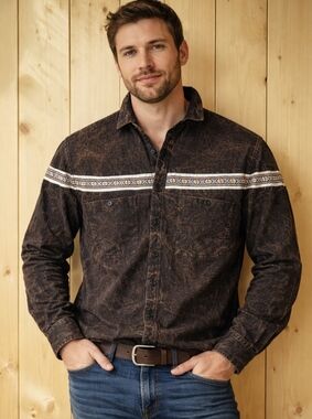 Topman Acid Wash Aztec Casual Western Button Shirt Brown Black Mens XS